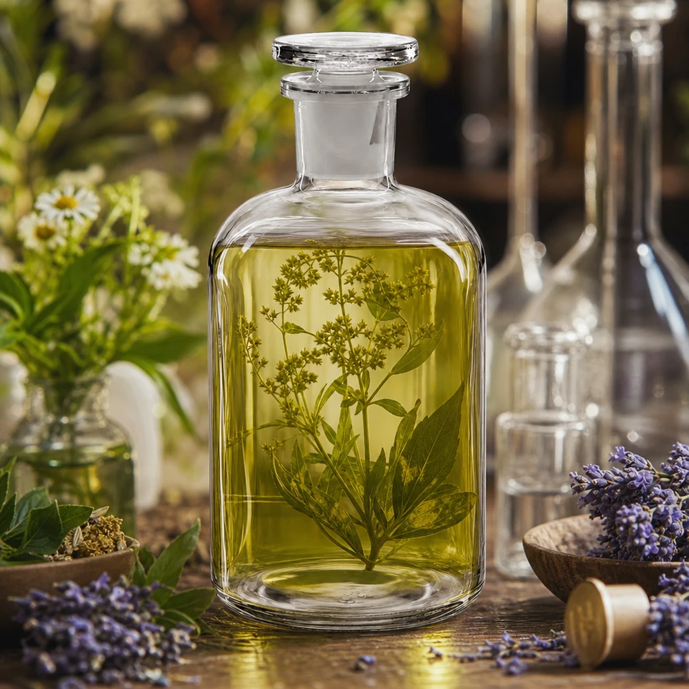 Láhev s kulatým ramenem 500ml čirá skleněná zátka s úzkým hrdlem Dekorative Apothekerflasche klar 500ml Rundschulter Glasstopfen für Öle und Naturprodukte