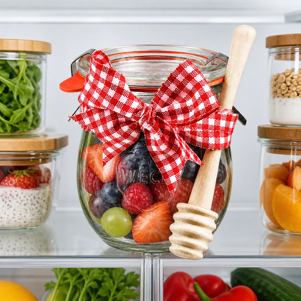 Mini dóza na tulipány WECK 220ml kompletní s medovou lžičkou a přívěskem. WECK Einmachglas 220ml im Kühlschrank mit frischen Beeren gefüllt, Honiglöffel und roter Dekoration