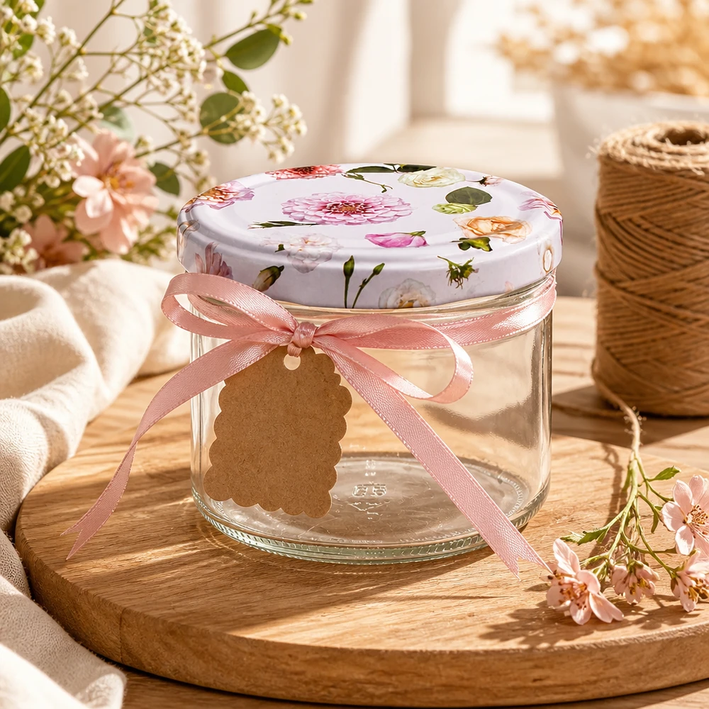 225ml kelímky + víčko BasicSeal flower pink UNiTWIST 225ml Sturzglas mit rosa Blumen Deckel dekoriert mit Schleife und Geschenkanhänger auf Holztablett