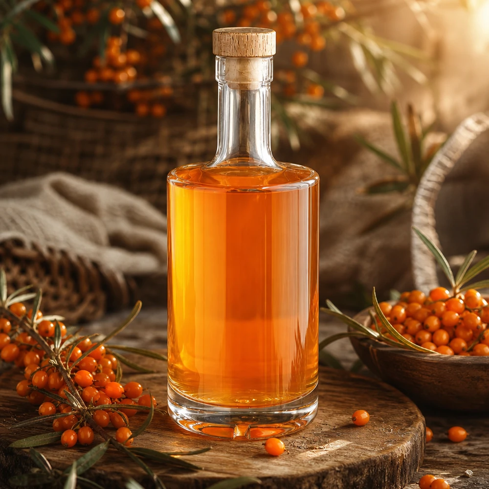 500ml Glasflasche Nora mit Sanddornlikör orange Holzkorken UNiTWIST rustikale Präsentation Holzbrett Beeren
