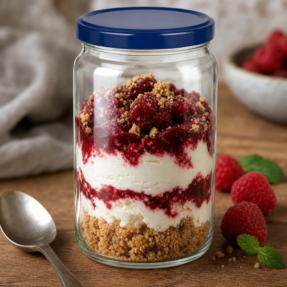 795ml kulatá sklenice + víčko BasicSeal modré UNiTWIST 795ml Rundglas mit blauem UNiTWIST Deckel gefüllt mit Schichtdessert aus Beeren Creme und Kekskrümeln auf Holztisch