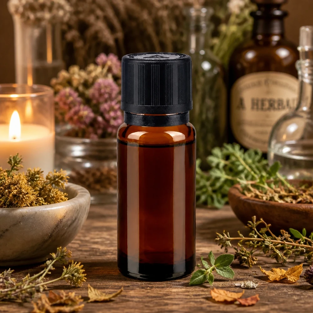 Lékárenská láhev hnědá 10ml kapací uzávěr nalévací kroužek 1mm černý dětská pojistka slepý výstražný symbol nedovolená manipulace s uzávěre Aromatherapie Tropfflasche 10ml Braunglas mit OV und KiSi in natürlicher Kräuterumgebung