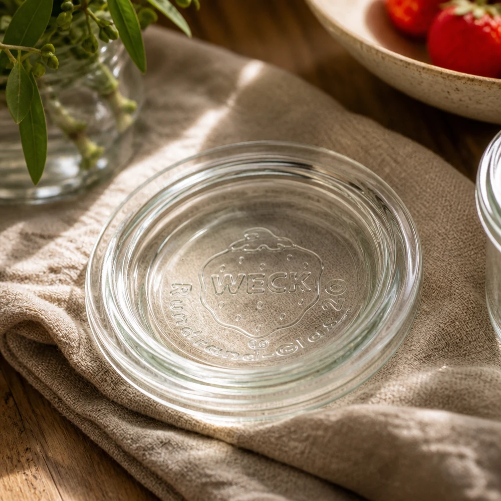 WECK Glasdeckel RR40 auf Küchentuch mit Dekoration - stilvolle Präsentation für nachhaltiges Einkochen