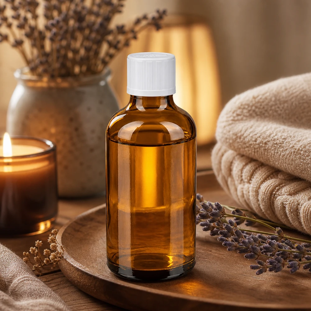 Lékárenská láhev hnědá 50ml šroubovací uzávěr bílý standardní odolný proti otevření dětmi. Schlanke 50ml Braunglasflasche mit weißem Verschluss zwischen Lavendelblüten und Kerze
