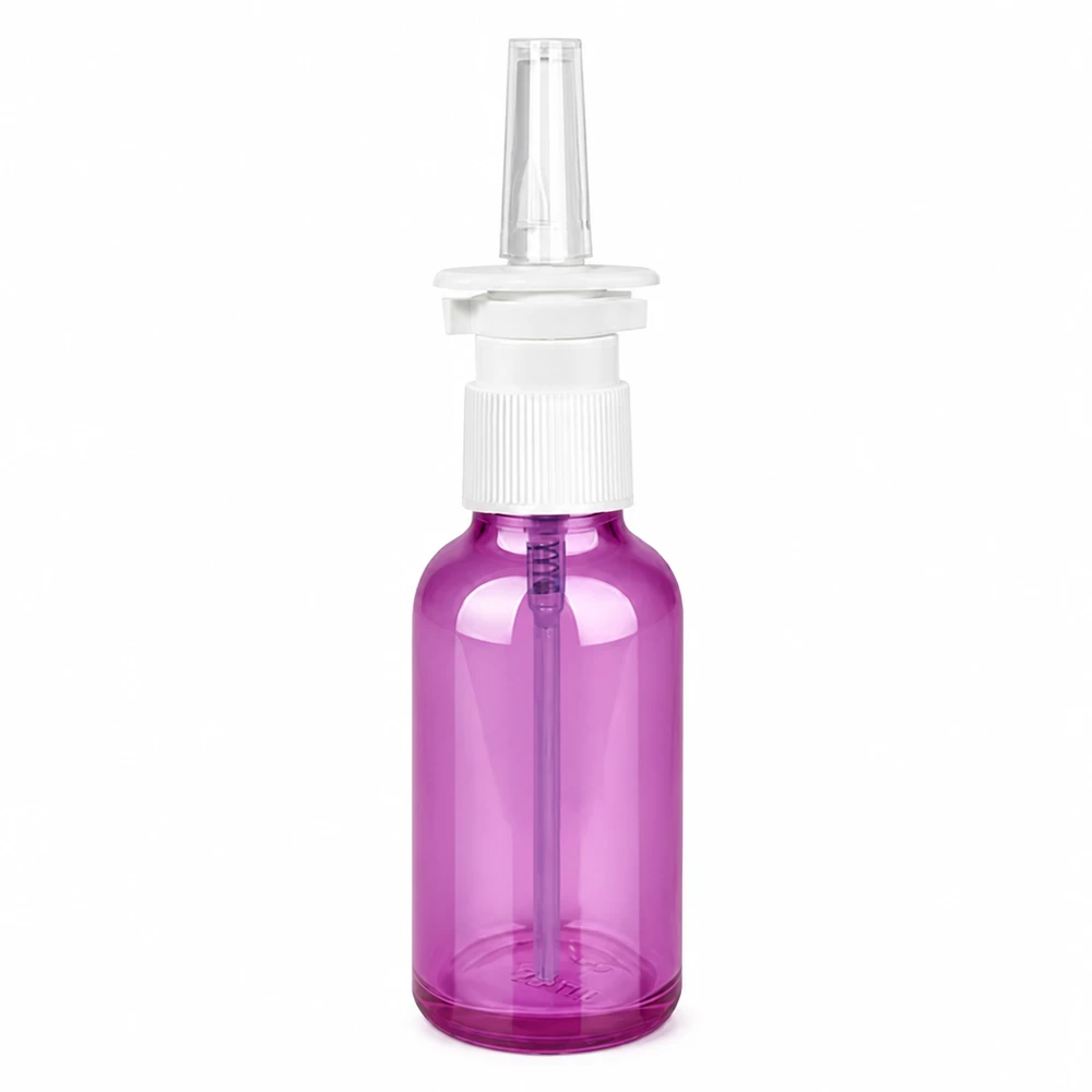 30ml lahvička s nosním rozprašovačem PurpleLine bílá/transparentní standardní. UT18/30 Hochwertige lila Nasensprayflasche 30ml mit dosierbarem Sprühsystem für nasale Medikamente
