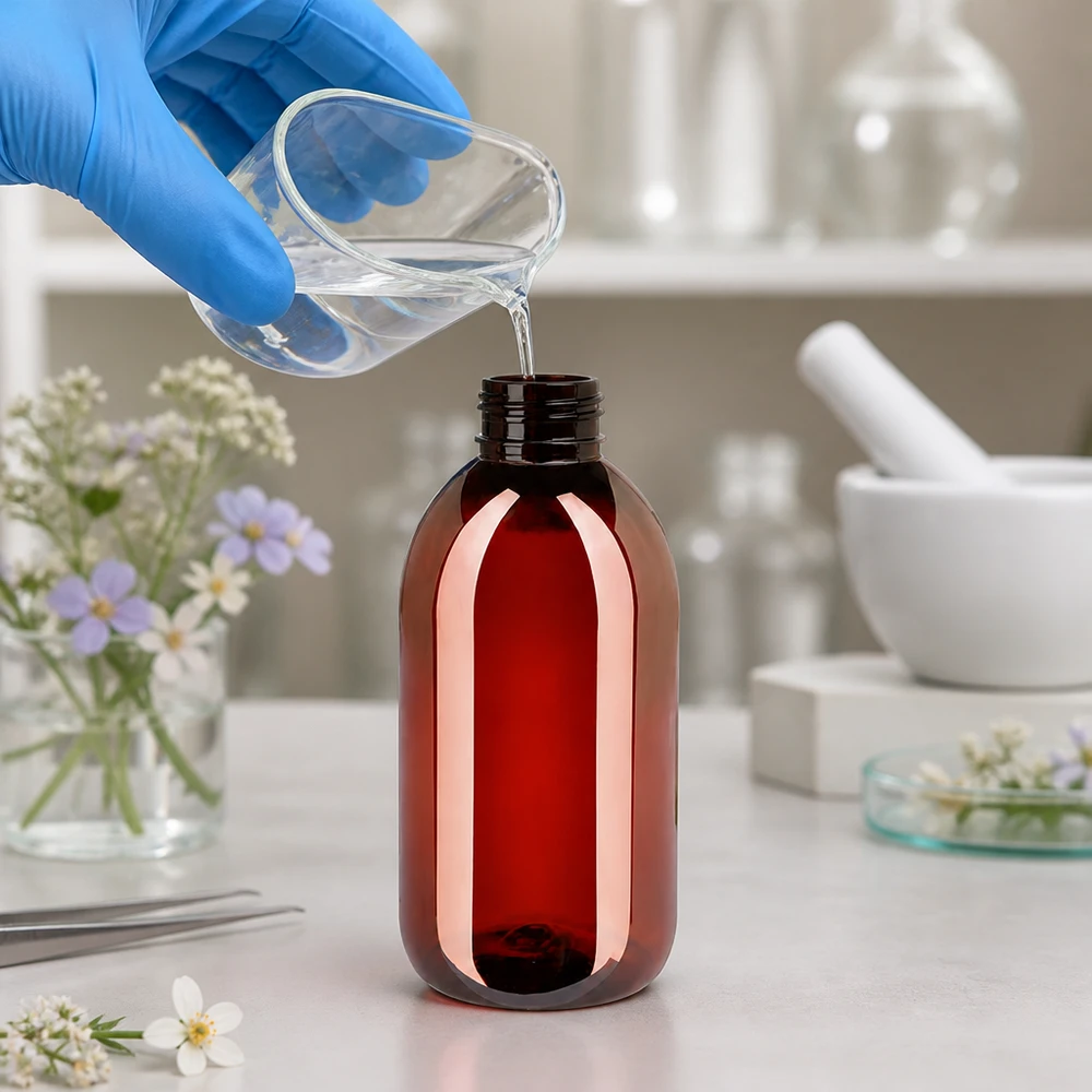 PET láhev 250ml s bílým rýhovaným uzávěrem s možností manipulace. Laborantka plní v lékárenské laboratoři hnědou PET láhev o objemu 250 ml tekutinou