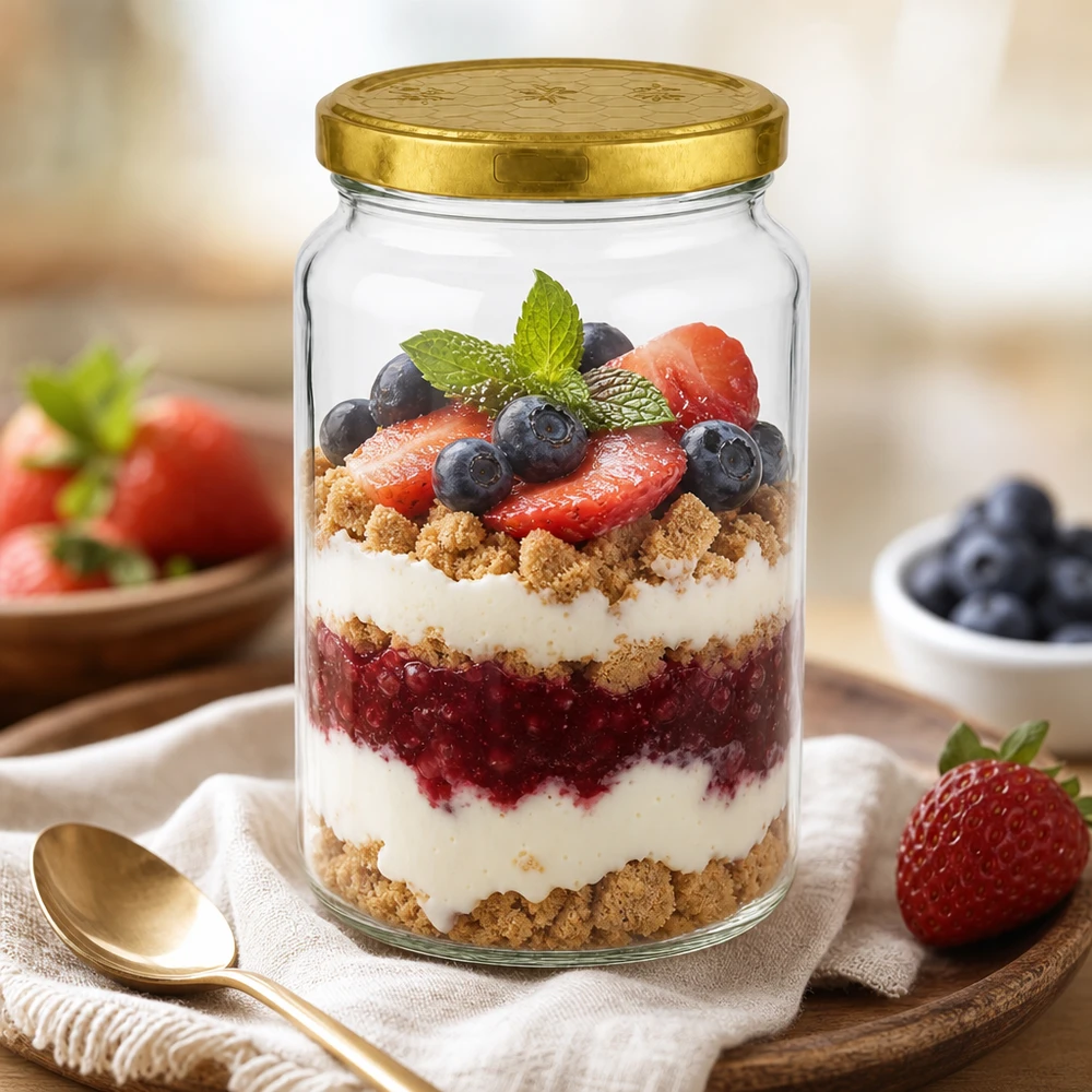 795ml Rundglas mit goldenem Deckel als Dessertglas für Beerentrifle mit Joghurt und Streuseln