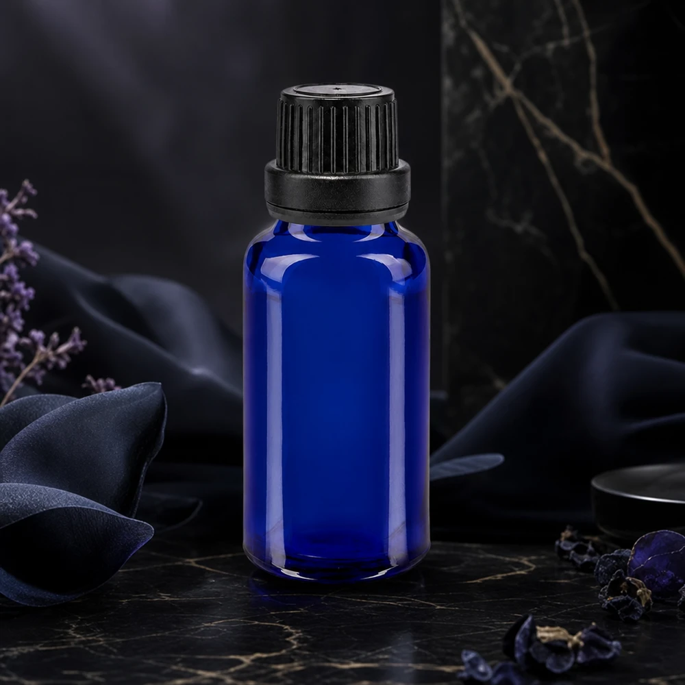 Blaues 20ml Apothekerfläschchen mit schwarzem OV-Verschluss 11mm lichtgeschützt