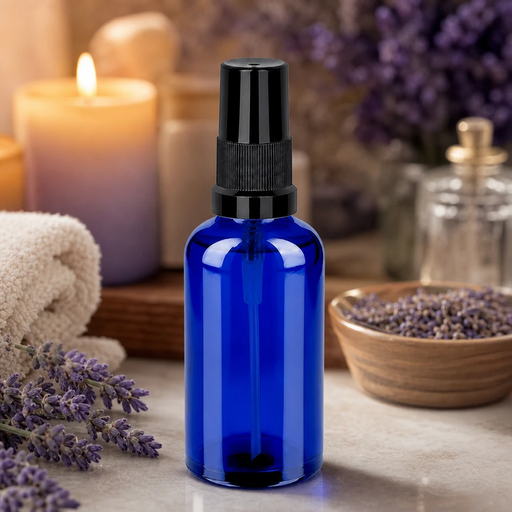 50ml lahvička s rozprašovačem černá standardní uzávěr BlueLine UT18/50 Stilvolle blaue Glasflasche 50ml mit mattschwarzem Sprühkopf für DIY-Kosmetik und Pflegeprodukte