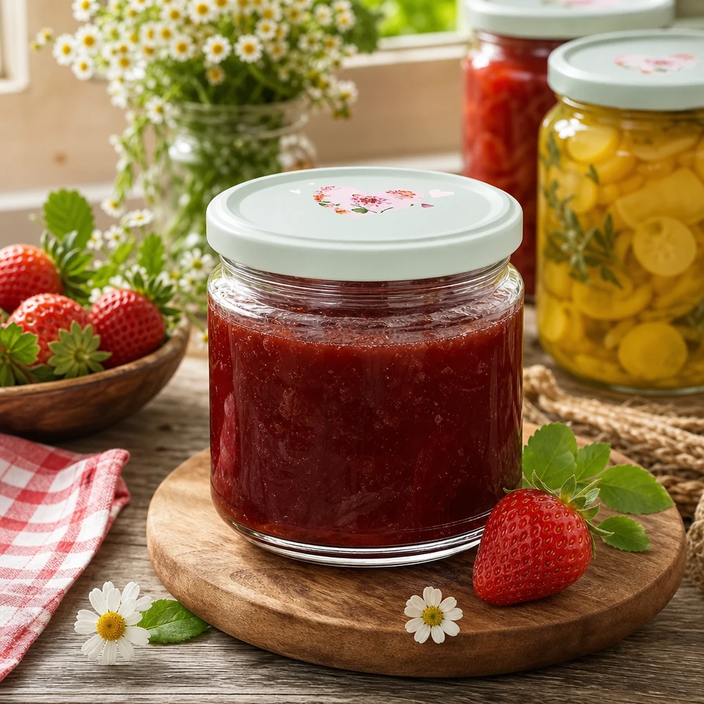 330ml kulatá sklenice + víčko BasicSeal srdíčková máta UNiTWIST 330ml Rundglas Erdbeermarmelade BasicSeal Deckel Herzmotiv mint Marmeladenglas Einkochen Küche Holzbrett