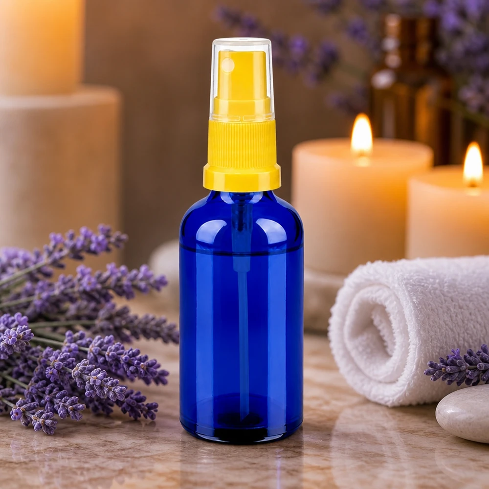 50ml lahvička s rozprašovačem žlutá/transparentní standardní uzávěr BlueLine UT18/50 Apothekerflasche 50ml mit gelbem Sprühaufsatz - UV-Schutz durch dunkles Glas für lichtempfindliche Inhalte