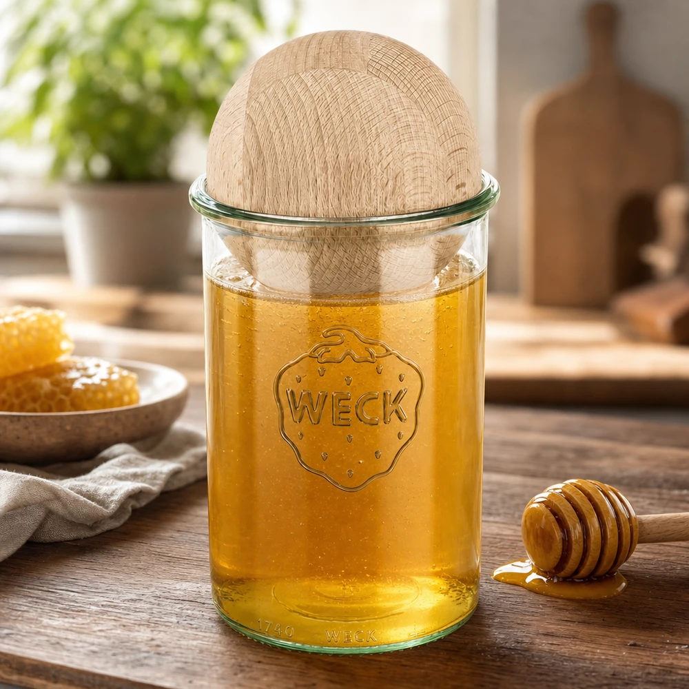 1000ml tumblery WECK RR100 s dřevěnou kuličkou buk WECK Sturzglas 1000ml mit Honig befüllt und Buchenkugel-Deckel, Honiglöffel und Waben auf Holztisch in natürlicher Küche