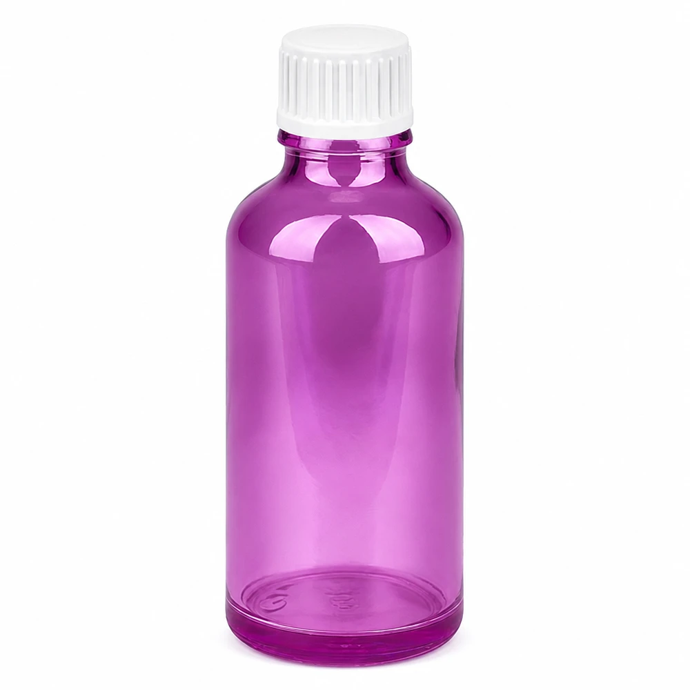 Transparente lila Flasche 50ml mit weißem Schraubverschluss für Flüssigkeiten