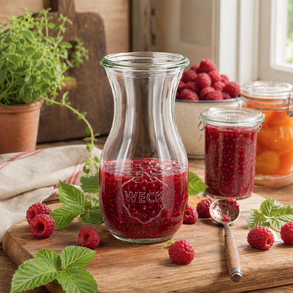 WECK Saftflasche 290ml RR60 mit Himbeermarmelade gefüllt umgeben von frischen Himbeeren und Minzblättern auf Holzbrett