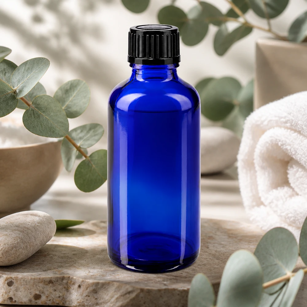 Apothekerflasche blau 50ml Glas UV-Schutz mit schwarzem 11mm Schraubverschluss Draufsicht