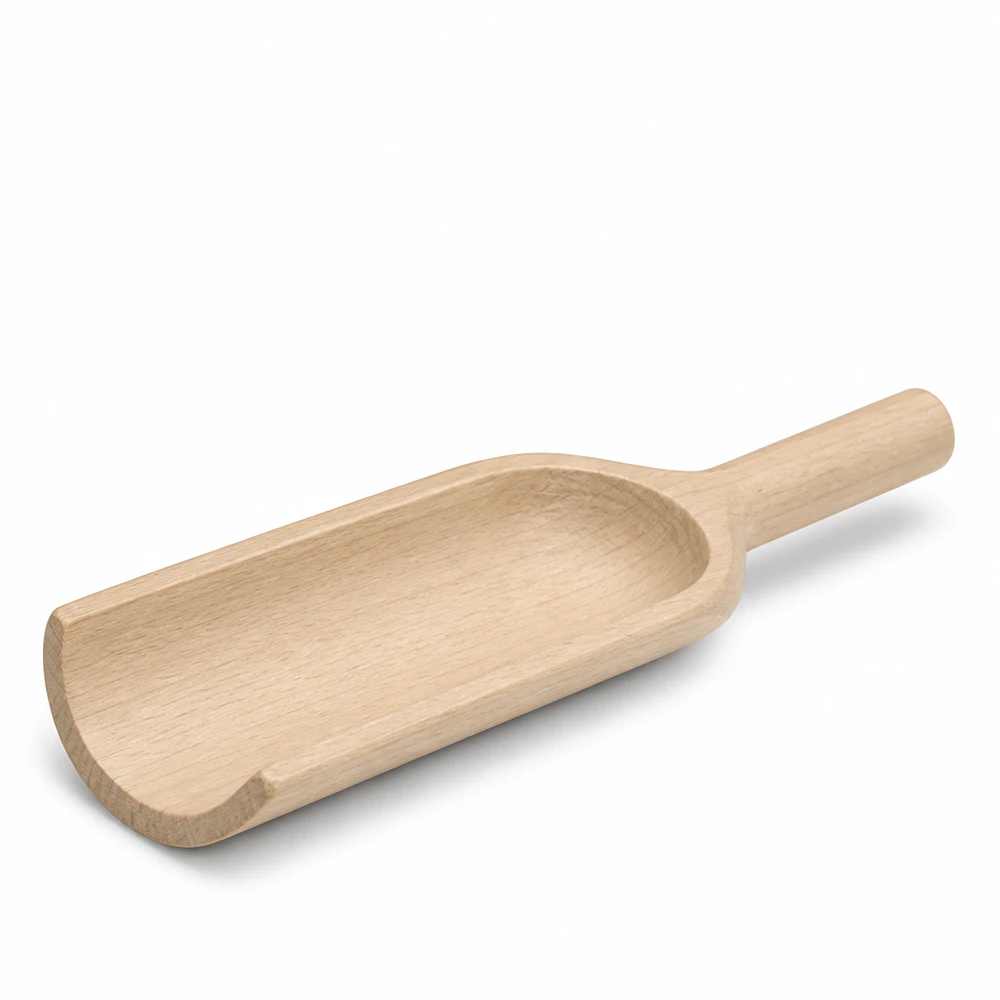 Holzschaufel L 18cm flache Form seitliche Ansicht zeigt ergonomischen Griff und Schaufelblatt aus Naturholz