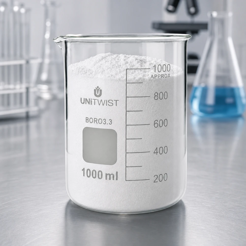 Kádinka 1000 ml borosilikátová, nízká forma UNiTWIST Transparentes Becherglas 1000ml BORO3.3 niedrige Form mit weißem Feststoff befüllt