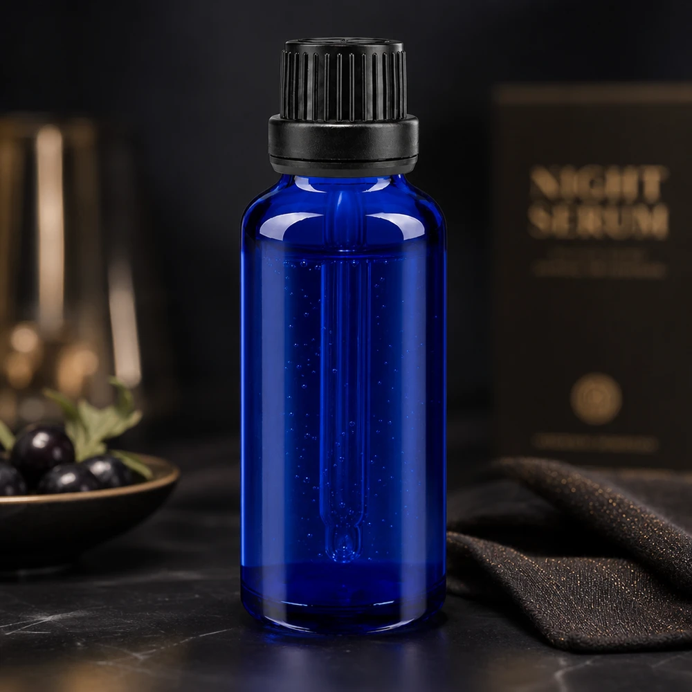 Lékárenská láhev modrá 30ml kapací uzávěr s nalévacím kroužkem 2mm černý uzávěr proti neoprávněné manipulaci 30ml blaue Tropfflasche aus UV-Schutzglas mit schwarzem OV neben dunklen Beeren im Goldschälchen