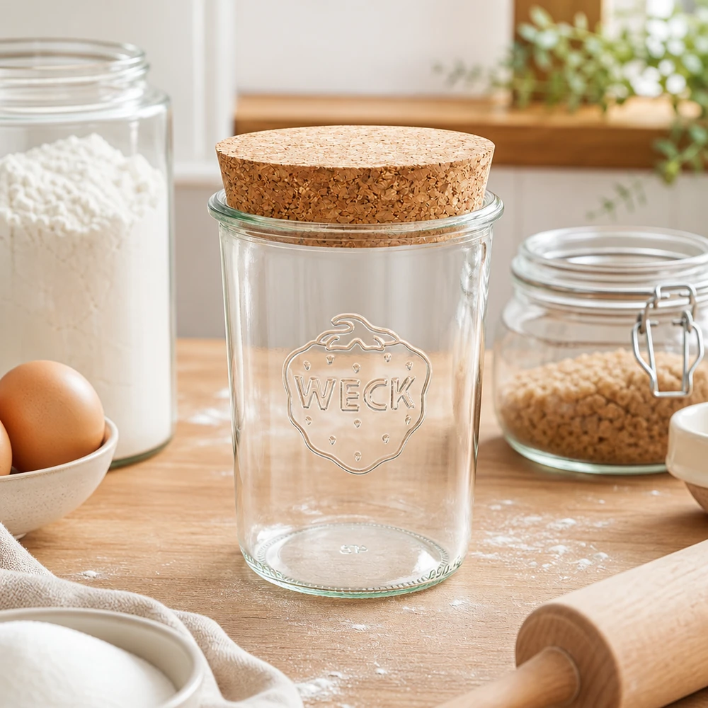 WECK Sturzglas 850ml RR100 mit Naturkorken auf Küchenarbeitsplatte zwischen Mehl Eiern und Backutensilien Küchenszenerie