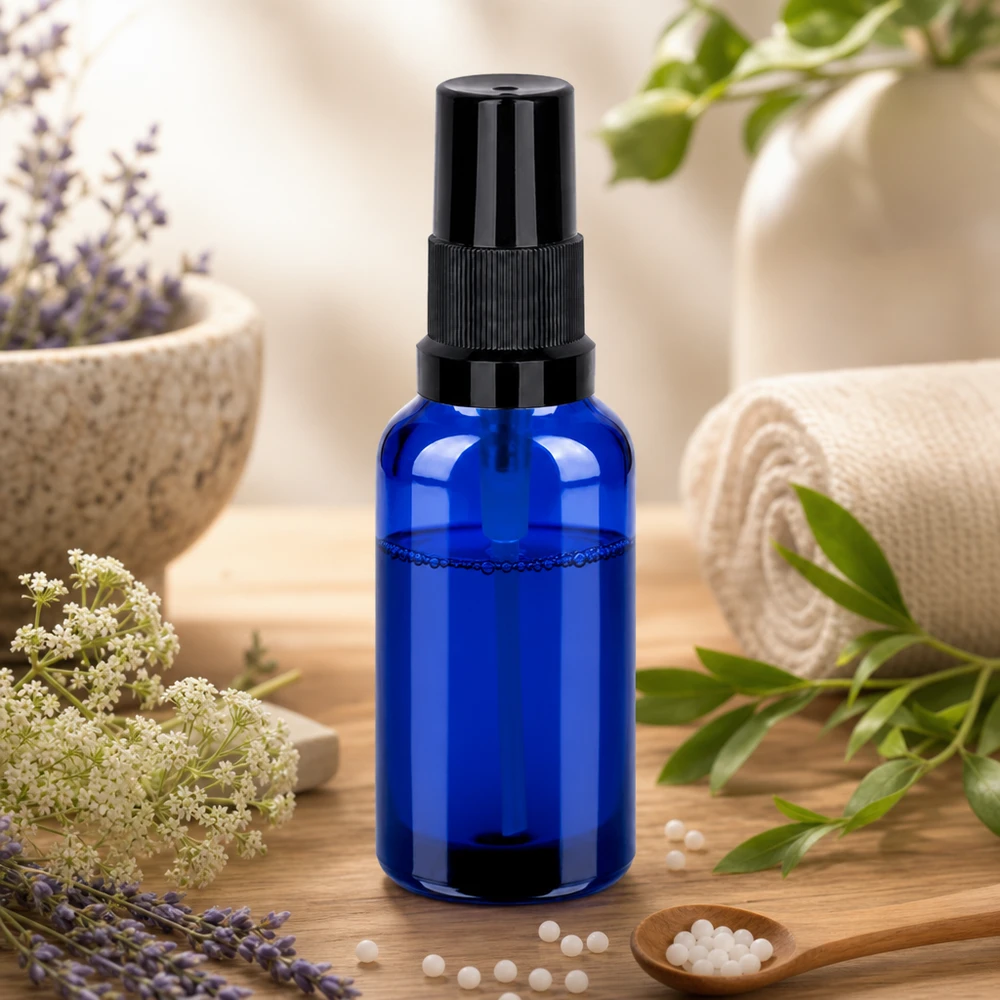 30ml lahvička s rozprašovačem černá standardní uzávěr BlueLine UT18/30 Professionelle 30ml Glasflasche blau mit schwarzem Trigger-Sprüher für therapeutische Anwendung