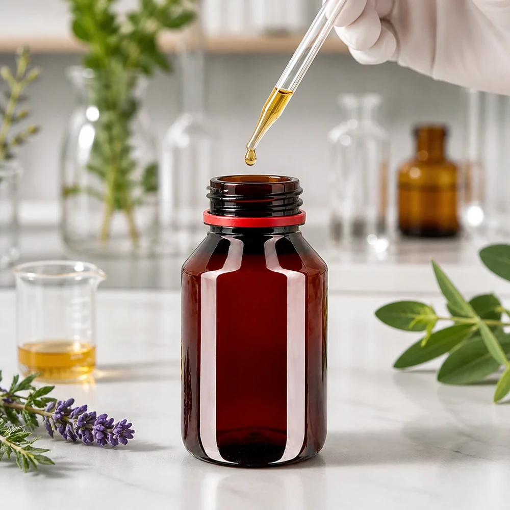 Hnědá PET láhev o objemu 50 ml s červeno-bílým uzávěrem pro éterické oleje v laboratoři
