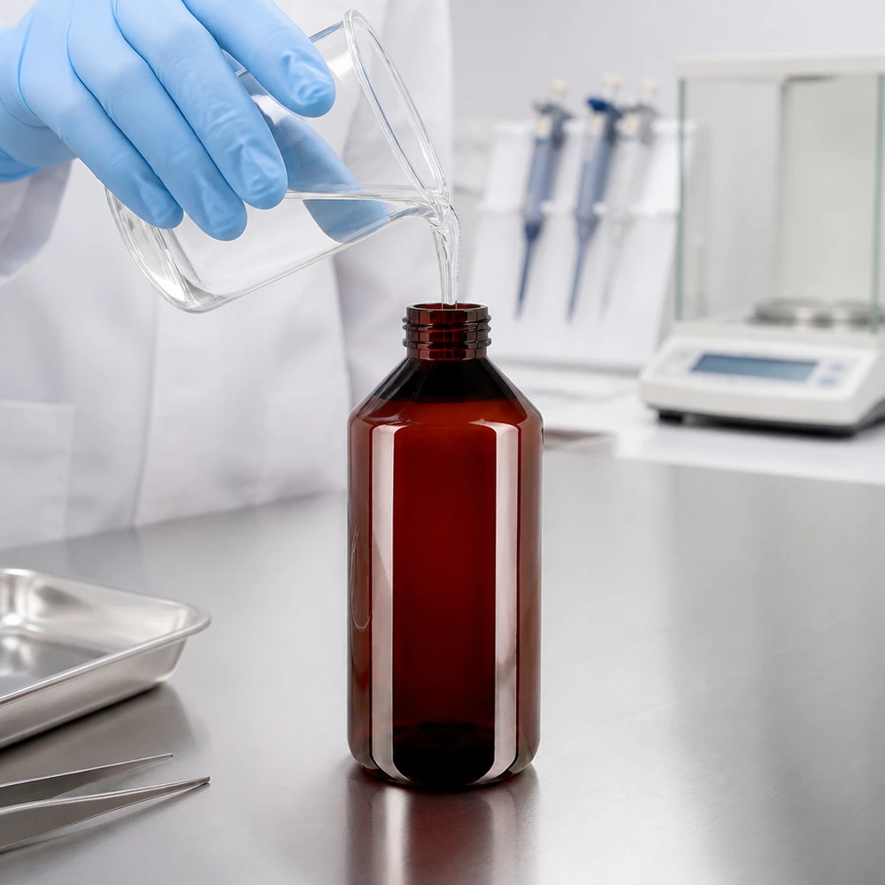 PET láhev 1000ml se standardním bílým uzávěrem s pojistkou proti manipulaci Laborant plní hnědou PET láhev o objemu 1000 ml s bílým bezpečnostním uzávěrem čirou kapalinou