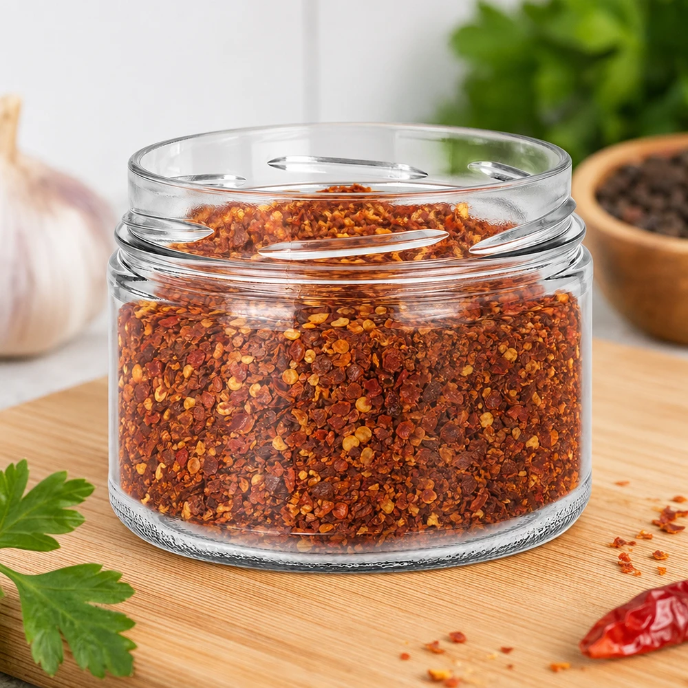 Kulatá sklenice o objemu 540 ml bez víčka (TO100) UNiTWIST UNiTWIST Runda540 Sturzglas 540ml TO100 gefüllt mit Chili-Gewürzmischung Paprikaflocken Küchenboard Gewürze lagern