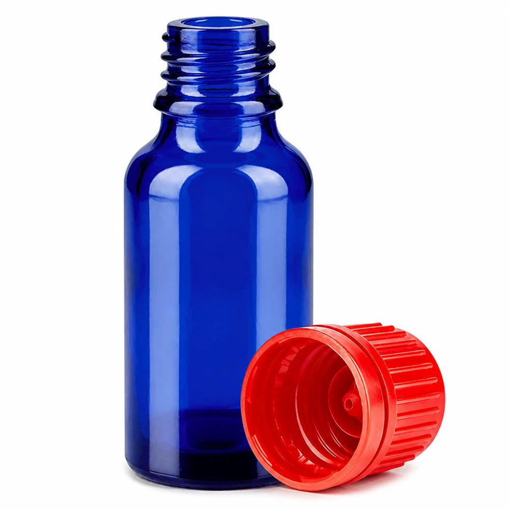 20ml láhev 11mm šroubovací uzávěr červený tamper-evidentní uzávěr BlueLine UT18/20 Hochwertige 20ml Glasflasche dunkelblau mit rotem Schraubverschluss für flüssige Präparate