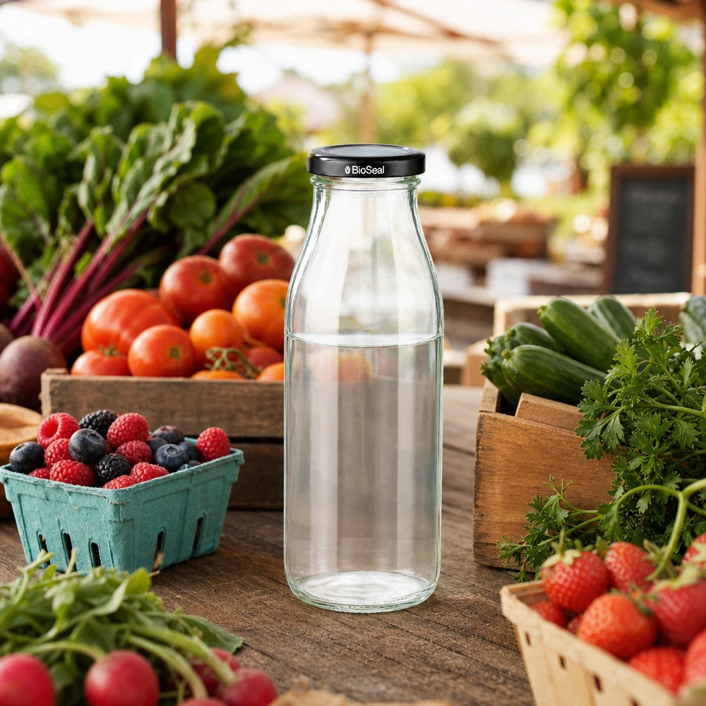 500ml skleněná láhev + víčko BioSeal černé UNiTWIST 500ml Glasflasche mit BioSeal Deckel zwischen frischem Marktgemüse Beeren und Kräutern in natürlicher Umgebung