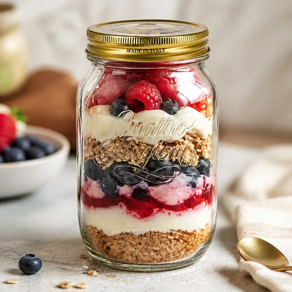 Quattro Stagioni 1000ml Glas gefüllt mit Schichtdessert Beeren Joghurt Granola italienisches Einmachglas Anwendung