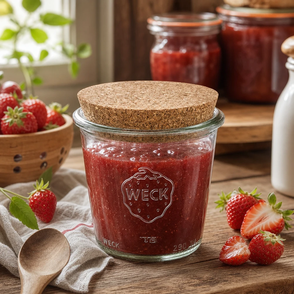 290ml vysoké sklenice WECK RR80 s korkem přírodní WECK Einmachglas 290ml mit Korkdeckel gefüllt mit Erdbeermarmelade in rustikaler Küche mit frischen Erdbeeren