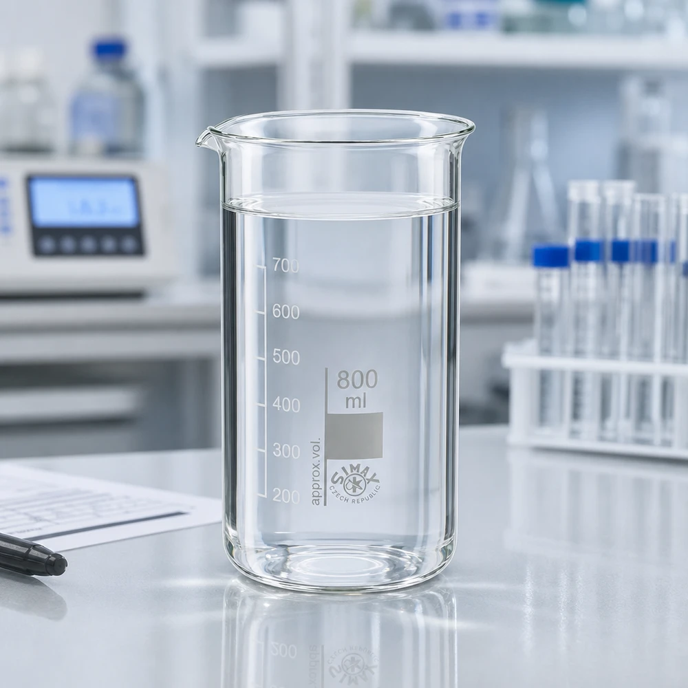 Kádinka 800ml z borosilikátového skla, vysoký tvar Klares Becherglas 800ml hohe Form mit Skalierung 200 bis 700ml auf reflektierender Laboroberfläche