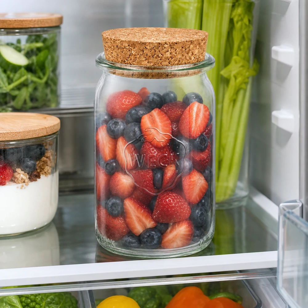 145ml válcová sklenice WECK RR40 s korkem přírodní WECK Vorratsglas 145ml RR40 mit Korkdeckel gefüllt mit frischen Beeren im Kühlschrank zur Aufbewahrung von Obst