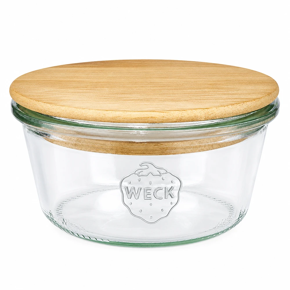 290ml nízké tumblerky WECK RR100 s dřevěným víčkem WECK Sturzglas 290ml niedrig RR100 mit rundem Holzdeckel aus Bambus, Einmachglas mit WECK Logo auf weißem Hintergrund