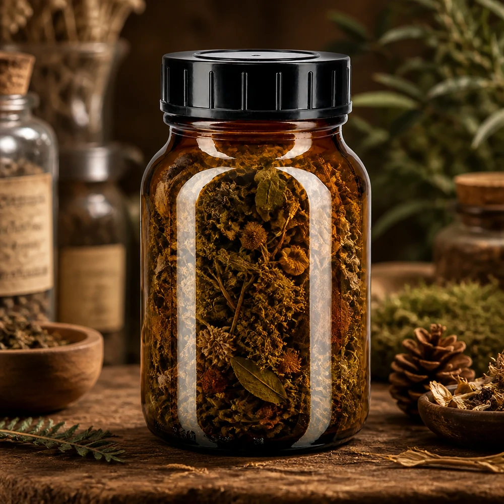 250ml láhev se širokým hrdlem jantarové sklo se šroubovacím uzávěrem. Traditionelle Aufbewahrungsflasche 250ml aus getöntem Glas mit festem Verschluss für Homöopathie