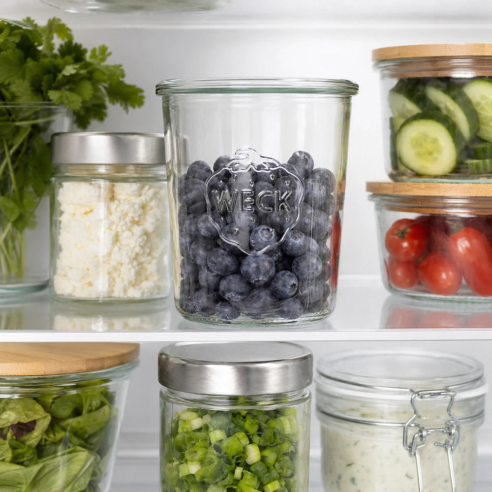 850ml tumble jar WECK RR100 s dřevěným dřevem. 850ml WECK RR100 Sturzglas mit Blaubeeren gefüllt in Kühlschrank neben anderen Vorratsgläsern mit Gemüse