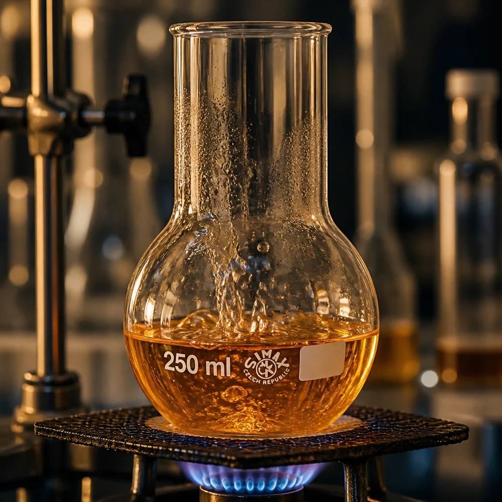 Baňka s širokým hrdlem 250ml Stehkolben 250ml aus robustem Laborglas mit goldschimmernder Flüssigkeit für Forschungszwecke