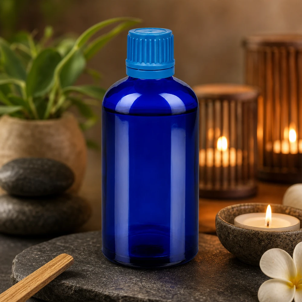 100ml láhev 11mm šroubovací uzávěr modrý uzávěr s ochranou proti manipulaci BlueLine UT18/100 Vielseitige 100ml Glasflasche in Apothekerqualität mit blauem OV-Verschluss für medizinische Anwendungen