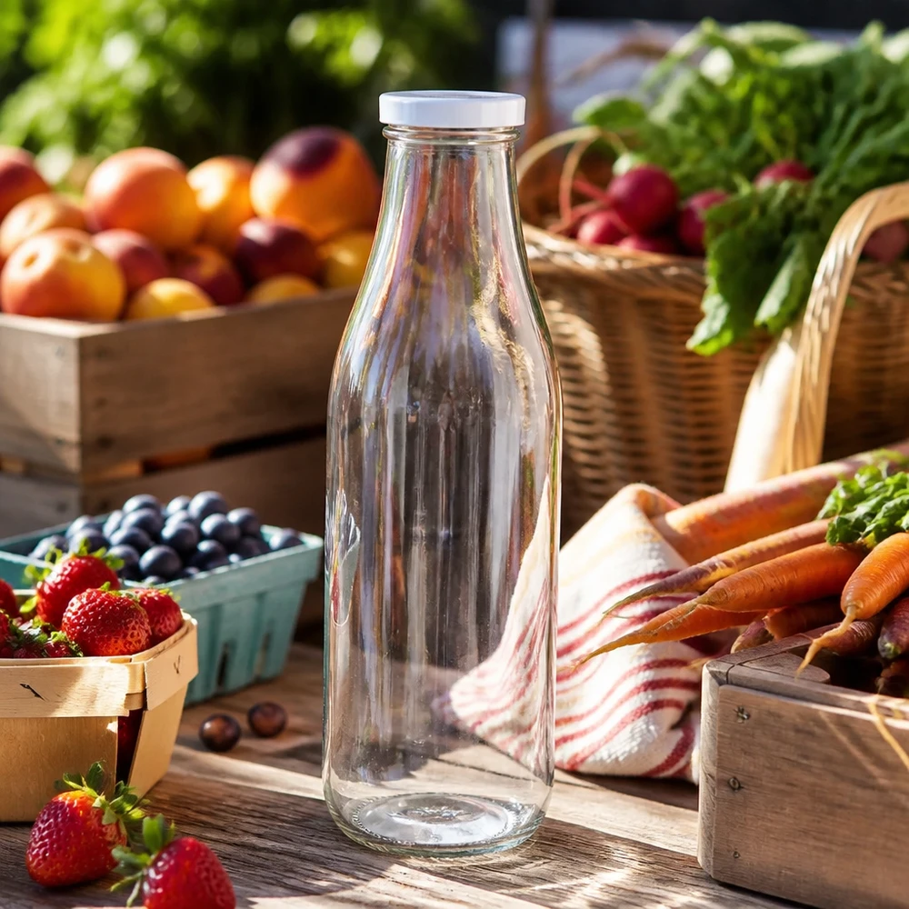 1000ml Glasflasche leer BasicSeal Deckel weiß Marktstand frisches Obst Gemüse Beeren Karotten Outdoor Szenerie