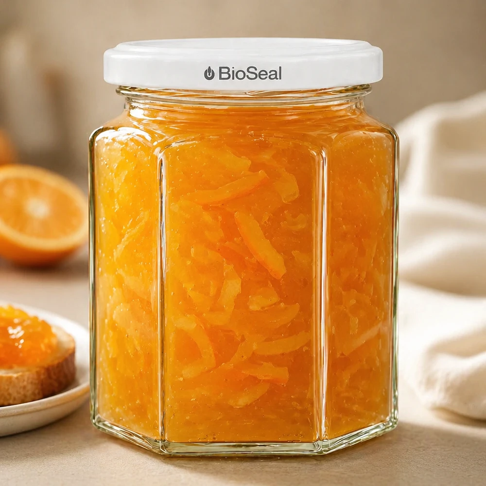 Sklenice Hexa o objemu 288 ml s bílým víčkem BioSeal UNiTWIST UNiTWIST Hexa288 Marmeladenglas mit Orangenmarmelade gefüllt und weißem TO63 BioSeal Deckel neben Toast