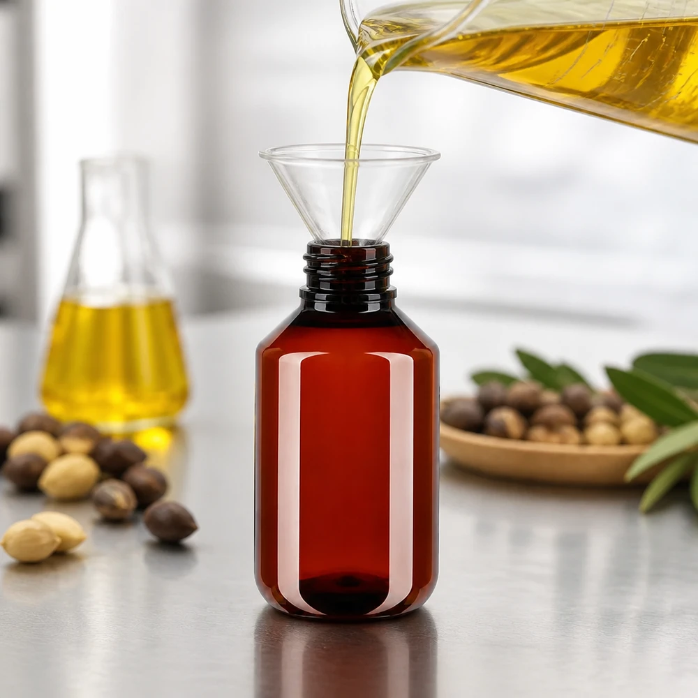 PET láhev 100ml s bílým standardním uzávěrem s pojistkou proti manipulaci Hnědá PET láhev o objemu 100 ml s nálevkou při plnění žlutým arganovým olejem na nerezovém povrchu