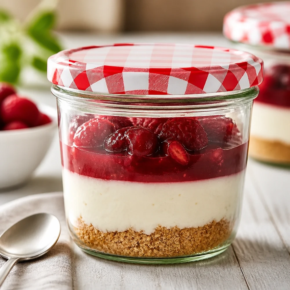 230ml kelímky + víčko BasicSeal červené/bílé UNiTWIST. Sturzglas 230ml als Dessertglas mit Schichtdessert und rot-weiß kariertem BasicSeal Verschluss in Küchenszenerie
