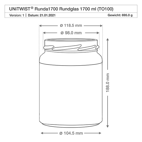 Kulatá nádoba o objemu 1700 ml bez víčka (TO100) UNiTWIST UNiTWIST Runda1700 Sturzglas 1700ml TO100 technische Zeichnung Maße Abmessungen 118,5mm Durchmesser 188mm Höhe