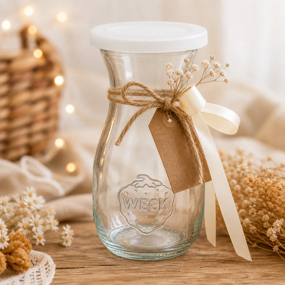 WECK 290ml Saftflasche dekorativ arrangiert mit Juteschleife Anhänger und Trockenblumen auf Holztisch mit warmem Licht