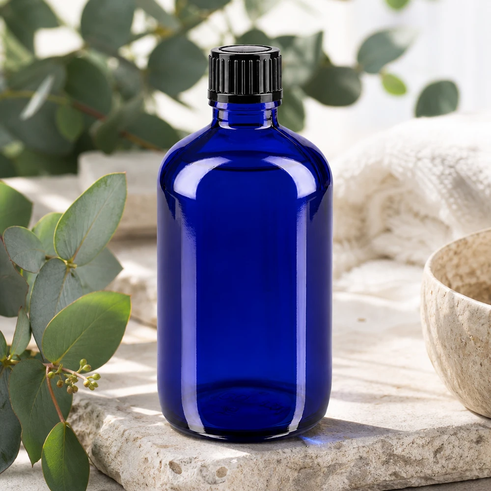 Lékárenská láhev modrá 100ml šroubovací uzávěr černá standardní Hochwertige kobaltblaue 100ml Glasflasche mit kindersicherem Schraubverschluss 11mm
