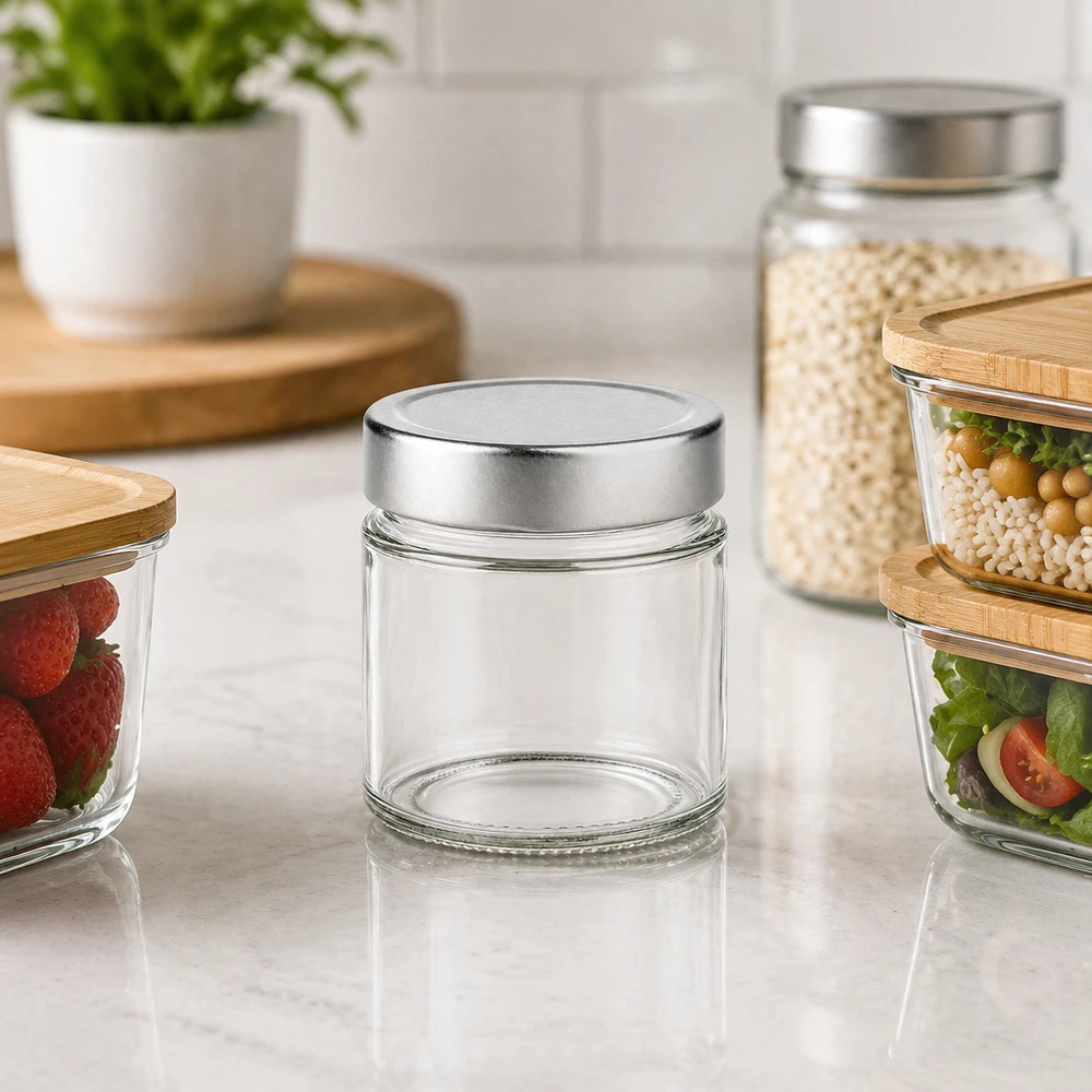 135ml kulatá dóza + víčko BasicSeal stříbrné hluboké UNiTWIST 135ml Rundglas silber Deckel Küchenszenerie mit Vorratsgläsern Beeren Salat Getreide moderne Aufbewahrung