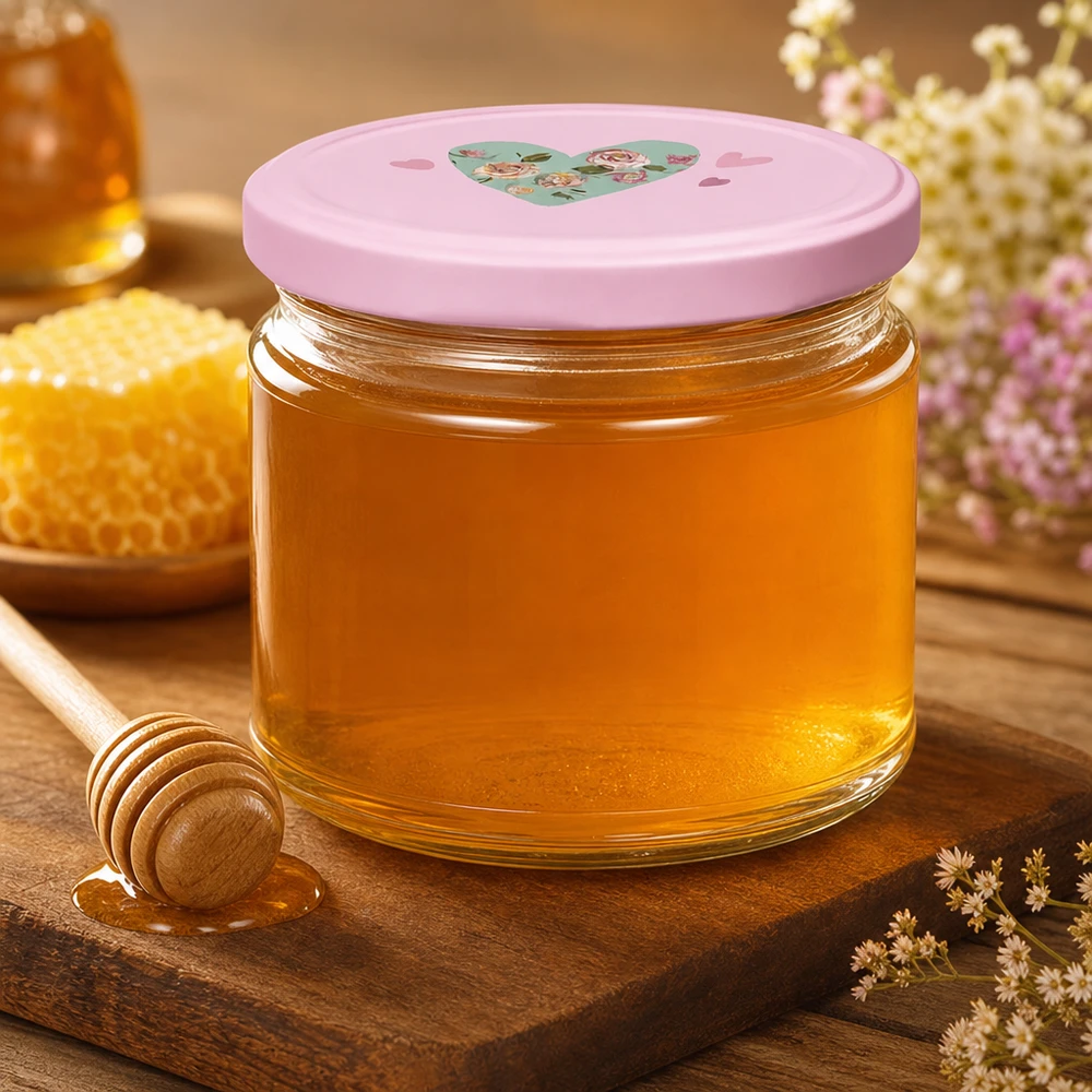 330ml kulatá sklenice + víčko BasicSeal srdíčková růžová UNiTWIST 330ml Rundglas mit rosa Herz-Deckel gefüllt mit goldgelbem Honig neben Honiglöffel und Bienenwaben