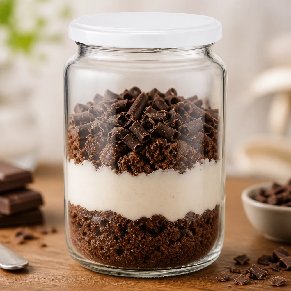 795ml kulatá sklenice s víčkem BasicSeal bílá UNiTWIST 795ml Rundglas UNiTWIST befüllt mit geschichtetem Schokoladendessert zeigt praktische Verwendung als Dessertglas