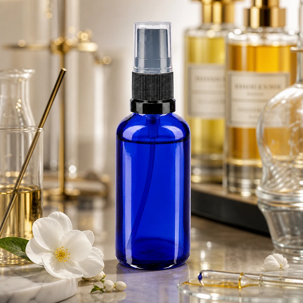 Kleine blaue Glasflasche 50ml mit schwarzem Sprühkopf für Aromatherapie und Kosmetik