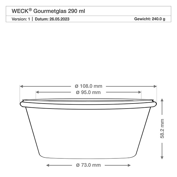 290ml sklenice na šťávu WECK RR100 pro labužníky. Technische Zeichnung WECK RR100 Gourmetglas 290ml mit Maßangaben Durchmesser und Höhe für präzise Küchenplanung